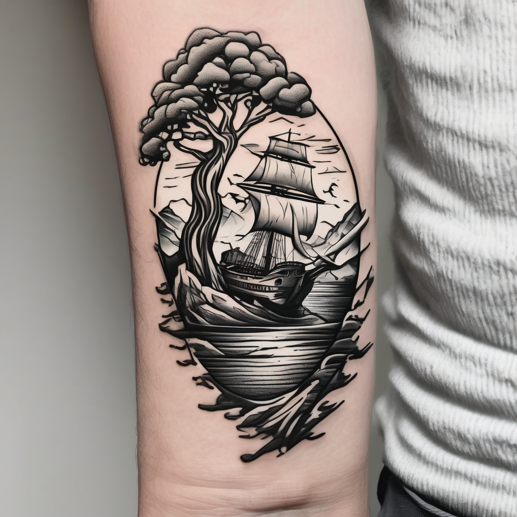 a forearm tattoo that has an acacia tree with mountains, ocean with a ship wreck half sleeve tattoos for men, AI-generated Cartoon tattoo design